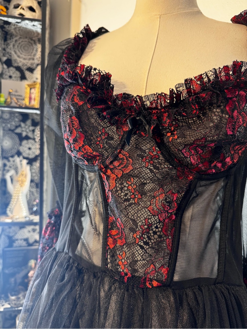 NWT Widow Dolls Kill Dance With Death Black Red Lace Gothic Maxi Dress - Picture 5 of 10